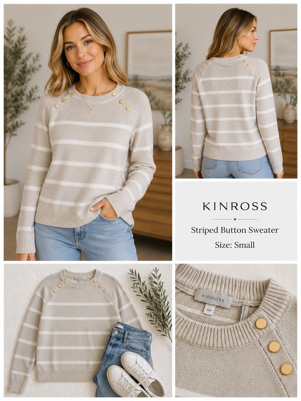 Kinross Taupe & White Striped Button Crew Sweater